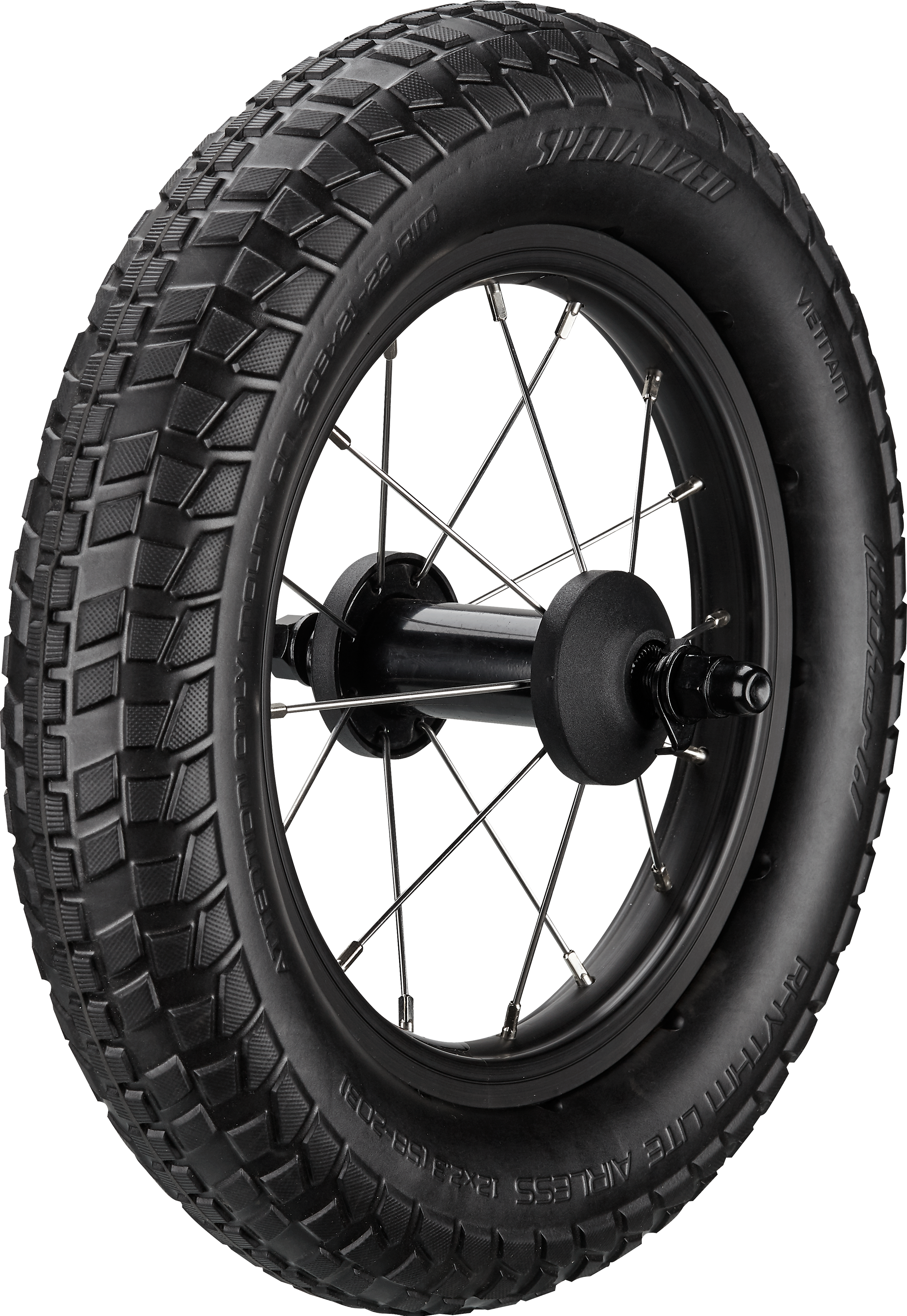 WHL KIDS HOTWALK 12"; FRONT OR REAR, ALLOY, BOLT-ON, 16H, W/ 12X2.3" RHYTHM LITE AIRLESS TIRE MOUNTED